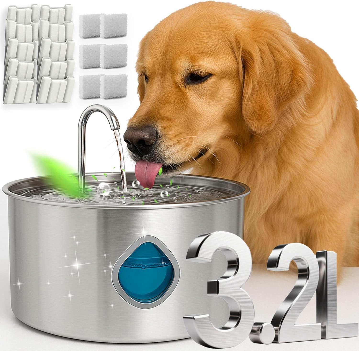 Dog water fountain, Stainless Steel Automatic Dog Water Bowl Dispenser with Water Window&LED, Super Quiet for Large Dog Cats&Small Animals