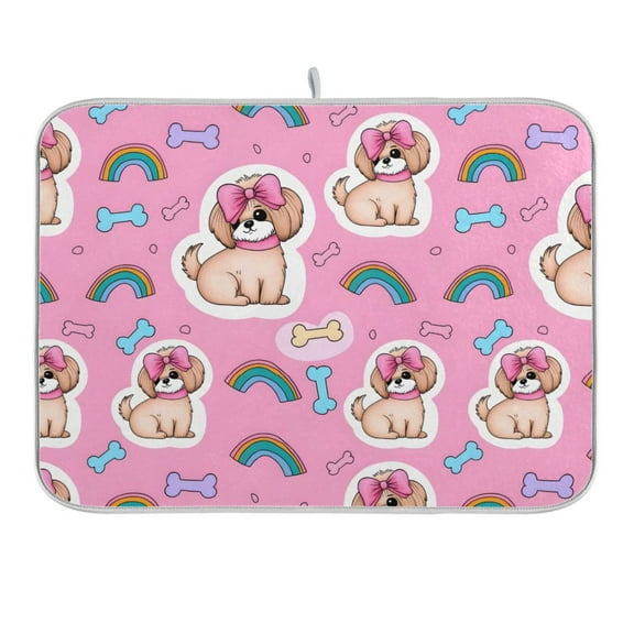 Dog with Bow and Bone Dish Drying Mat 16x18 Absorbent Microfiber Draining Rack Pad for Kitchen Counter Sink