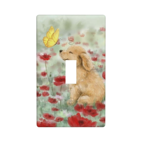 Dog with Butterfly Light Switch Cover Plates Single Toggle Wall Plate, Decorative 1-Gang Christmas Decor Lightswitch Cover