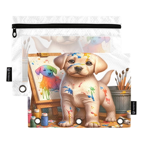 Dog with Drawing 2 Pack Pencil Pouch for 3 Ring Binder Smooth Zipper Folders with Pockets Clear Window Pencil Case