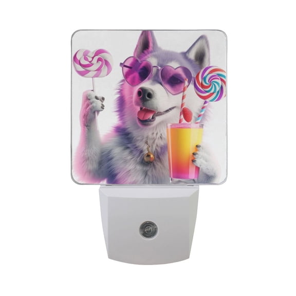 Dog with Glasses Drink Night Light 2 Pack LED Nightlight Plug into Wall Dusk to Dawn Sensor Soft White
