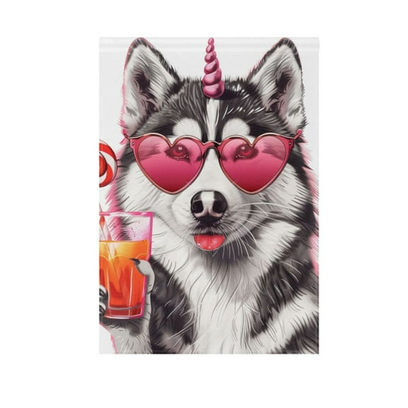 Dog with Glasses Drinking Garden Flag 12X18 Double Sided Yard Flags for Outside Outdoor All Seasonal Decoration