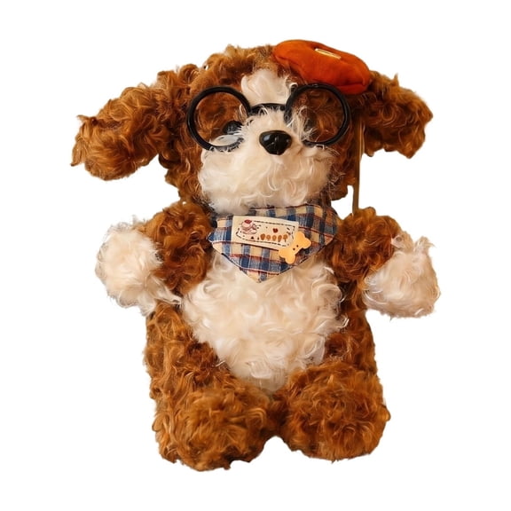 Dog with Glasses Plush Soft Brown Curly Hair Stuffed Animal with Beret and Scarf for Sophisticated Home Office Decoration