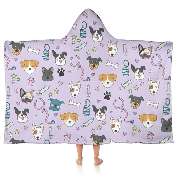 Dog with Medical Icons Hooded Bath Towel，50"x30" for Ages 3 To 12 Kids, Quick Dry Lightweight Soft Microfiber Hood Beach Towel Cover Up for Kids