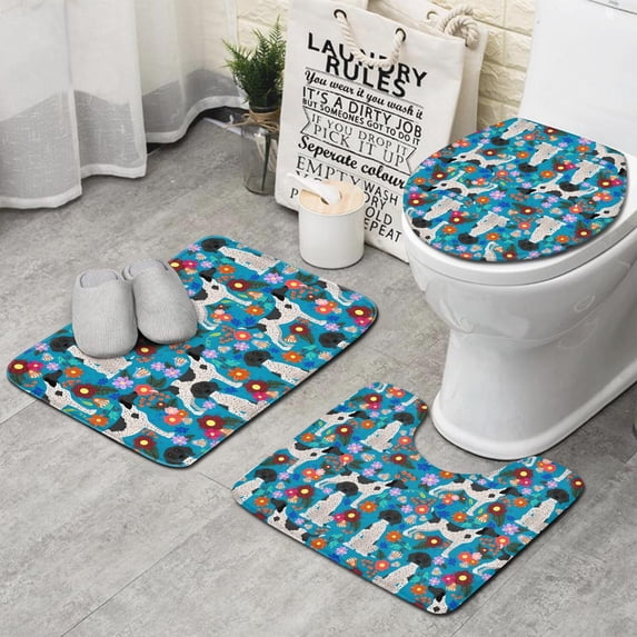 Dog with Pioneer Flower Bathroom Rugs Sets 3 Piece,Toilet Cover Set,Absorbent Non Slip Bathroom Mats Sets with U-Shaped Contour Rug Toilet Rug Set