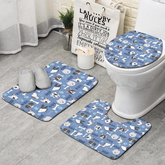 Dog with Woof and Bark Bathroom Rugs Sets 3 Piece,Toilet Cover Set,Absorbent Non Slip Bathroom Mats Sets with U-Shaped Contour Rug Toilet Rug Set