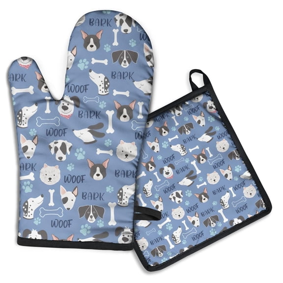Dog with Woof and Bark Kitchen Oven Mitt and Pot Holder Sets 2 Pcs for Baking, Cooking and Grilling, Heat Resistant Up To 392 °F