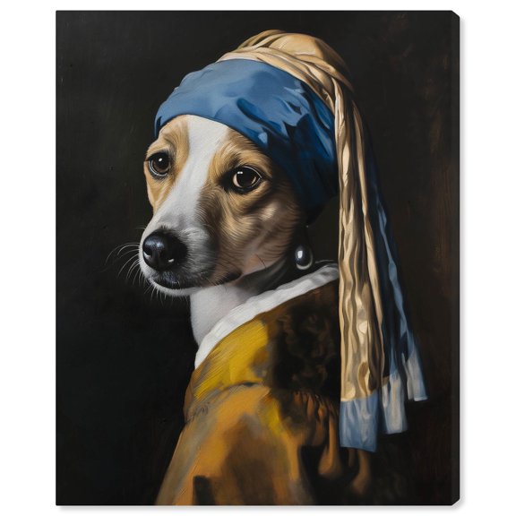 Dog with the Pearl Earring Canvas Cute Animal Art by Art Remedy, Gallery Wrapped, 20" x 24"