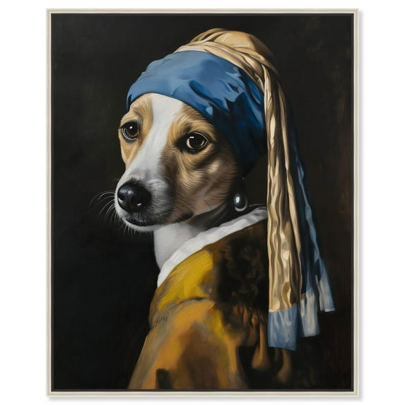 Dog with the Pearl Earring Canvas Cute Animal Art by Art Remedy, Silver Frame, 36" x 45"