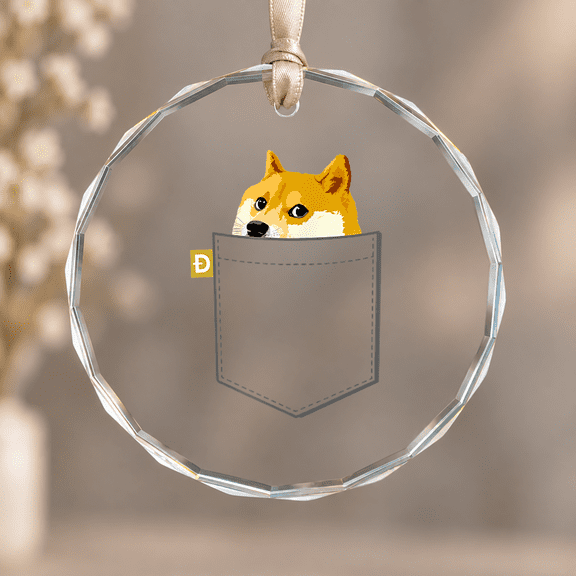 Doge Coin Faux Pocket Dogecoin to the Moon Christmas Ornament, Holiday Keepsake Gift, Circle Glass Ornament