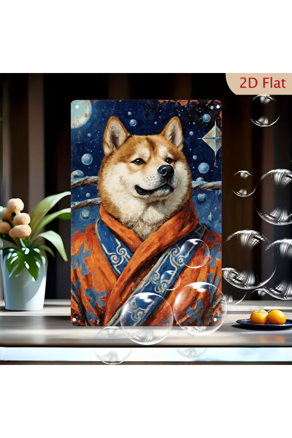 Doge Meme Oil Painting Wall Art, 8x12 Inch Akita Dog in Ornate Kimono with Moon and Stars, Traditional Eastern Style Metal Tin Sign for Home Decor