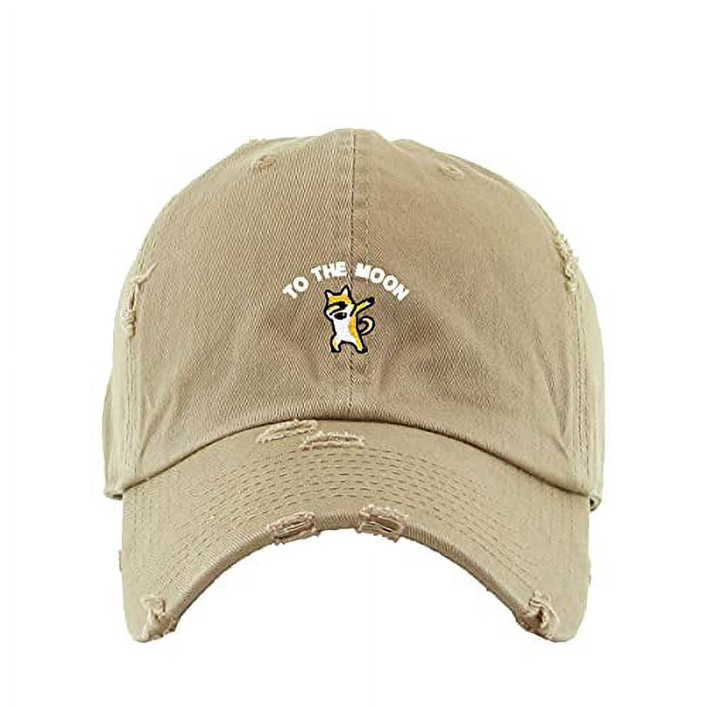 Moon Vintage Baseball Cap - Embroidered Cotton Adjustable Dad Hat In Distressed Khaki - Unisex Street Style