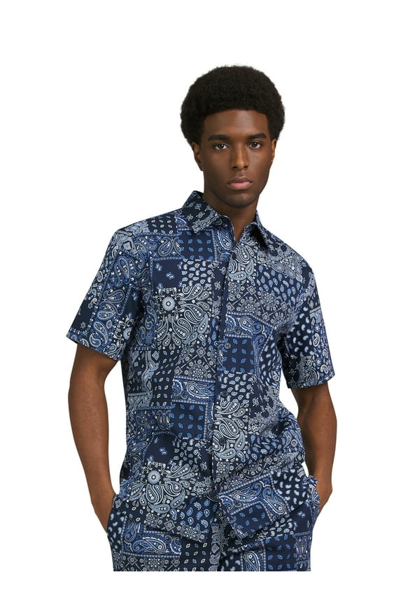 by Snoop Dogg Men's & Big Men’s Cotton Stretch Paisley Print Patchwork Button-Down Short Sleeve Shirt, Sizes XS-3XL
