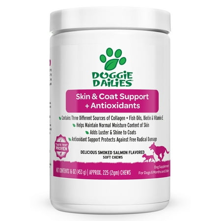 Doggie Dailies Skin & Coat Supplement + Antioxidant Support, 225 Soft Chews, Salmon Oil for Dogs Skin and Coat with Collagen, Omega 3, Krill Oil, Biotin, & Coconut Oil for Dogs, Salmon Flavor