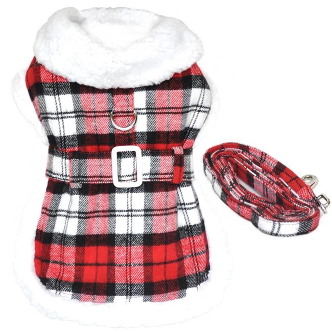 Doggie Design DD-61888-XS Sherpa-Lined Dog Harness Coat, Red & White Plaid - Extra Small