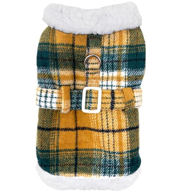 Doggie Design DD-78527-XS Sherpa-Lined Dog Harness Coat, Yellow Plaid - Extra Small