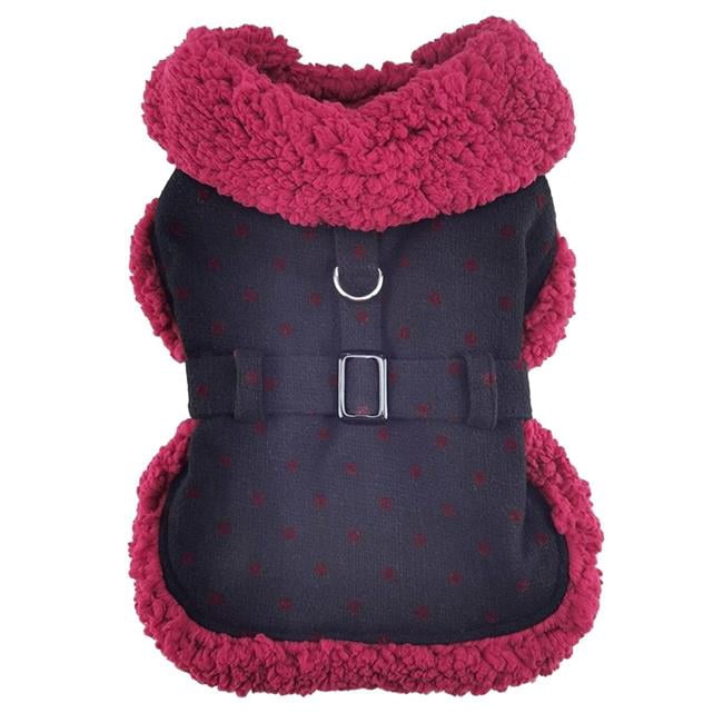 Doggie Design DD-78633-XS Sherpa-Lined Dog Harness Coat, Black & Burgundy Dots - Extra Small