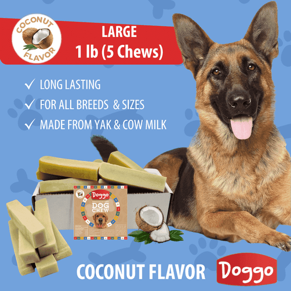 Doggo Dog Chew Natural Long-Lasting Coconut Flavor Yak Chews for Dogs, Large, 1 Pound, 5 Pieces