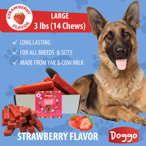Doggo Dog Chew Natural Strawberry Flavor Yak Chews for Dogs, Long-Lasting, Large, 3 Pound, 14 Pieces