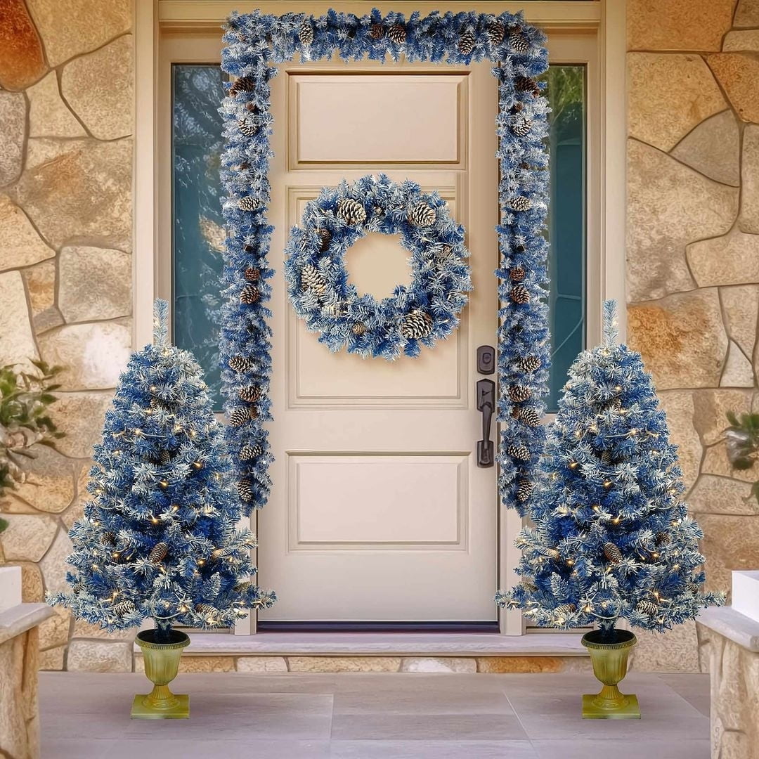 48-Inch White and Blue Fir Christmas Tree Set with LED Lights