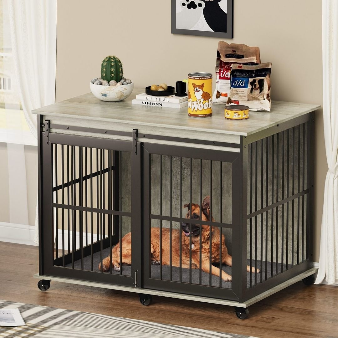 Gray Particleboard and Steel Dog Crate with Sliding Iron Door