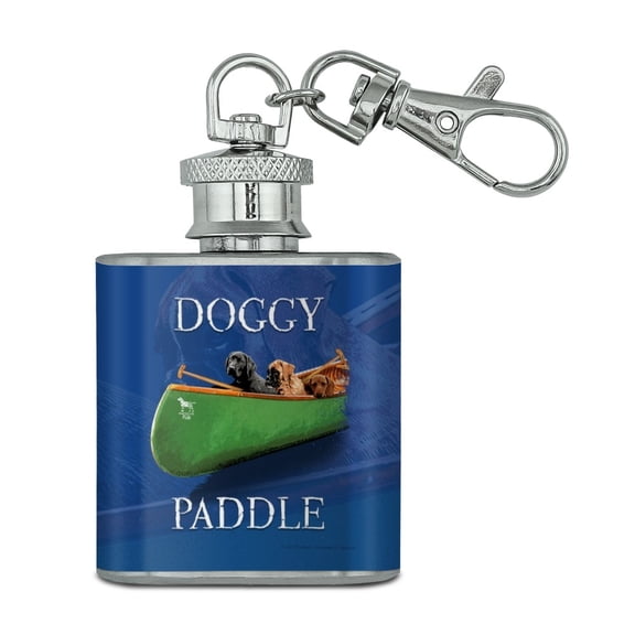 Doggy Dog Paddle Canoe Dogs Stainless Steel 1oz Mini Flask Key Chain