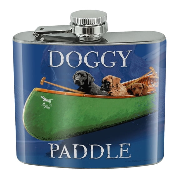 Doggy Dog Paddle Canoe Dogs Stainless Steel 5oz Hip Drink Kidney Flask