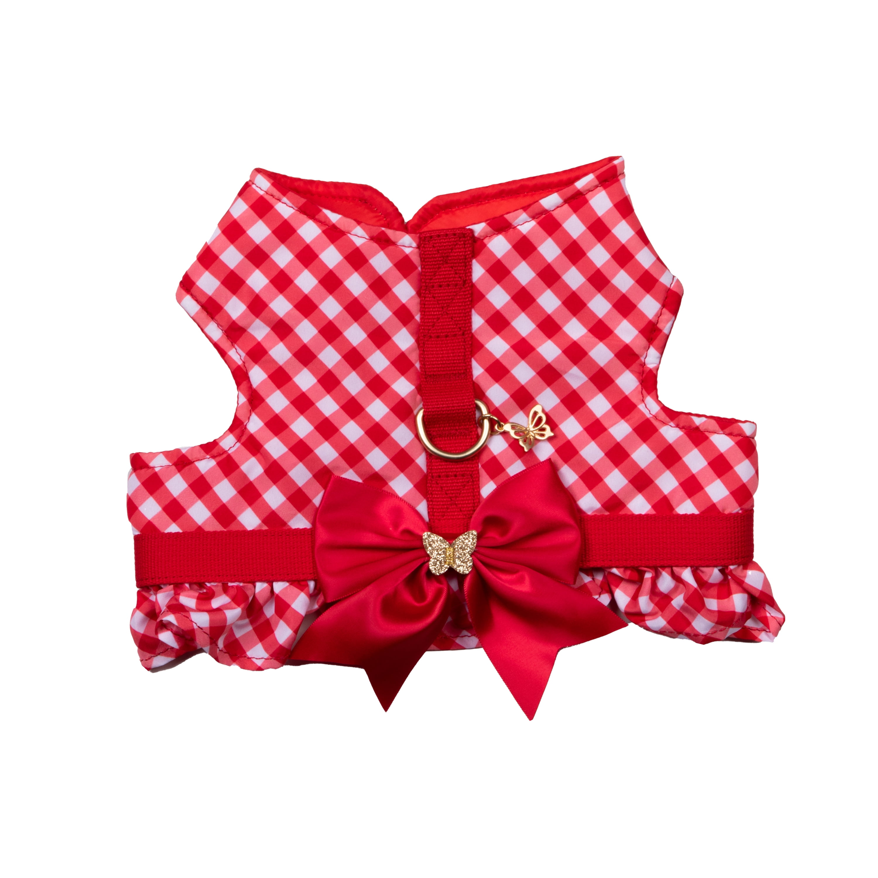 Doggy Parton Dog Walking Harness, Gingham Dog Harness with Bow, Red, Medium