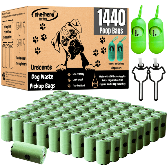 Doggy Poop Bags with Dispenser (1440 Bags) Eco-friendly Dog Waste Pickup Bags Landfill-friendly Refill Rolls Cat Waste Bags (Green, 72 Rolls, Unscented)