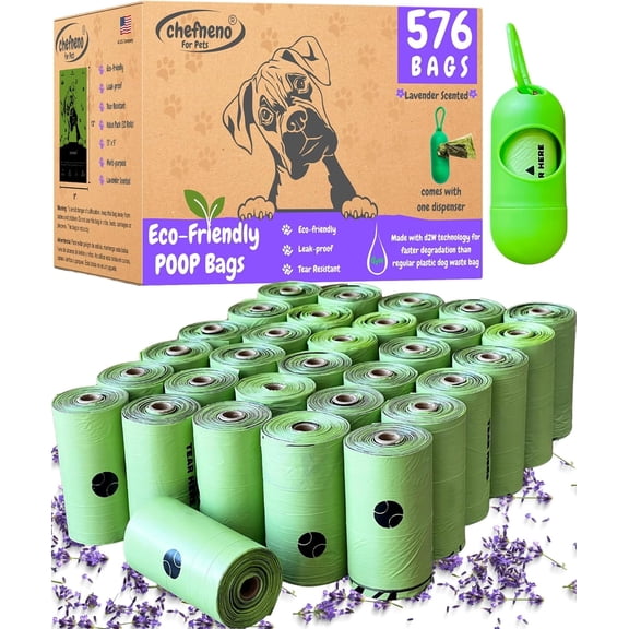 Doggy Poop Bags with Dispenser (576 Bags) Eco-friendly Dog Waste Pickup Bags Refill Rolls Cat Waste Bags (Green, 32 Rolls, Lavender Scented)
