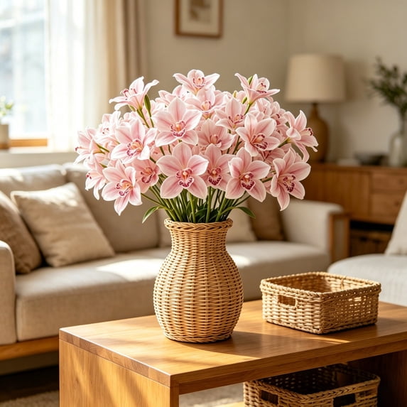 Doghiosgha 1 Pc Artificial Cymbidium Flowers, Faux Orchid Spray, Single Flower Stems for Wedding Home Garden Party Table Decor, 7.8x21.6 Inch, Pink