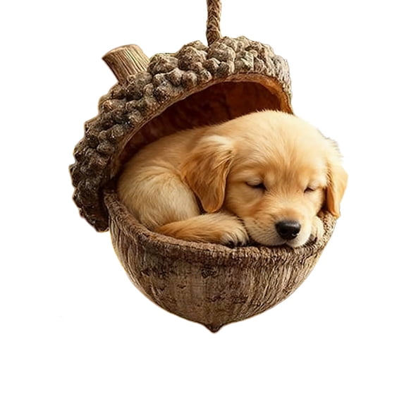 Doghiosgha 2D Acrylic Animal Christmas Ornament, Sleeping Puppy Inside Acorn Shell Printed Ornament for Christmas Tree Holiday Gifting, 3.1", A