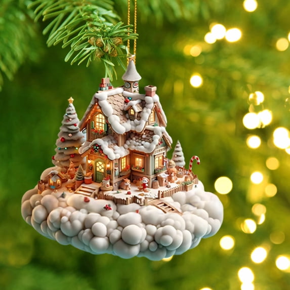 Doghiosgha 2D Fairy Tale House Christmas Ornament, Acrylic Hanging Decorations for Xmas Tree Winter Home Display, C