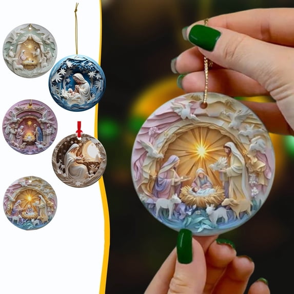 Doghiosgha 2D Flat Printed Ornament Round Acrylic Nativity Scene Stained Ornament for Christmas Tree Shelf Holiday Gifting, 3.15 Inch, C