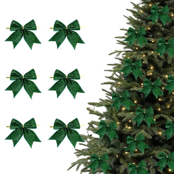 Doghiosgha 6 Pcs Glitter Mini Bows with Twist Tie, Small Ribbon Bow Ornaments, Gift Wrapping Bows, 3.5x3.9 Inch, Green