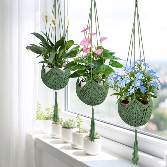 Doghiosgha Boho Plants Hanger Tassel Hanging Planter Basket for Indoor Window Wall Home Garden Plants Decor, 43.3 Inch, Green