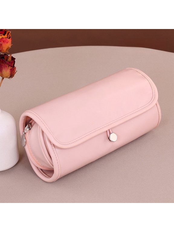 Faux Leather Makeup Brush Case, Travel Cosmetic Roll Pouch with Clear PVC Dust‑Proof Sleeve for Home Indoor Outdoor Use, 8.8x3x4 Inch, Pink