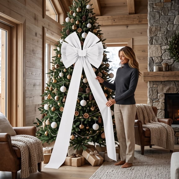 Doghiosgha Large Solid Color Velvet Christmas Bow, Hanging Bow with Long Streamers for Front Door, Wreath, Xmas Tree Decor, 19.7x71 Inch, White