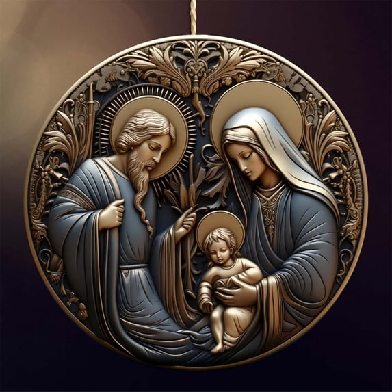 Doghiosgha Nativity Scene Christmas Ornament Round Flat Hanging Pendant Holy Family Decorations, 3.1", C