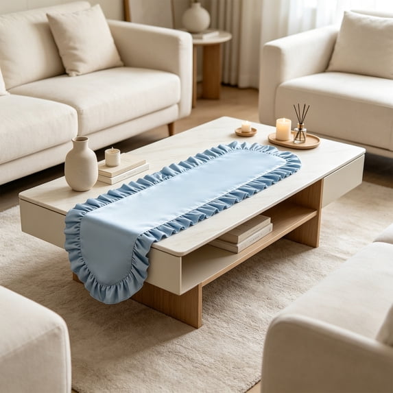 Doghiosgha Satin Ruffle Table Runner Wedding Bridal Shower Birthday Dinner Table Decor, 11.8x47.2 Inch, Blue