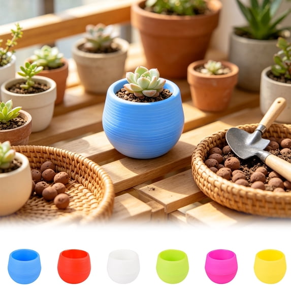 Doghiosgha Small Round Planter Pot Mini Plastic Pot Solid Color Flower Container for Window Garden Decor, 2.7 Inch, Blue