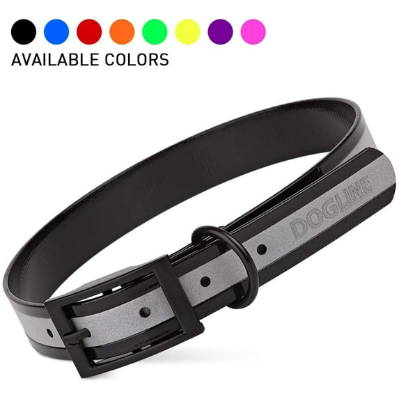 Dogline - Biothane Translucent Reflective Waterproof Dog Collar Strong Coated Nylon Webbing Black Hardware Odor- Proof High Performance Fits Small Medium Large Dogs (Black: L: 22" - 25" | Width 1")