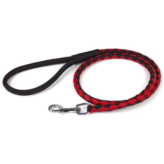 Dogline Soft and Padded Rolled Round Hand Braided Leather Leash for Dogs W3/8" - L48, Black & Red