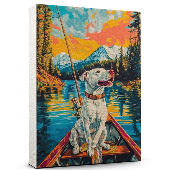 Dogo Argentino Dog Canvas Fishing Canvas Cute Dogo Argentino Canvas Wall Art of Puppy Playing Fishing, Perfect for Dog and Sports Fans