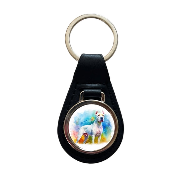 Dogo Argentino Dog Watercolor Style Metal Black Leather Keychain