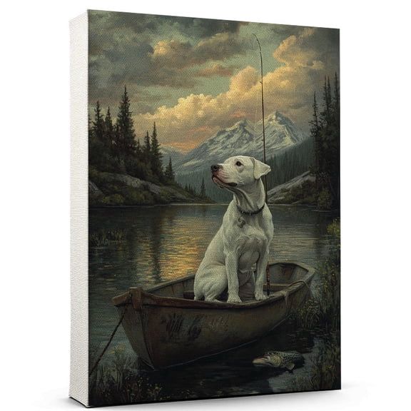 Dogo Argentino Vintage Dog Fishing Canvas Artistic Sports, Dogo Argentino Dog with Fishing Canvas Wall Print for Bedroom, Living Room, Office