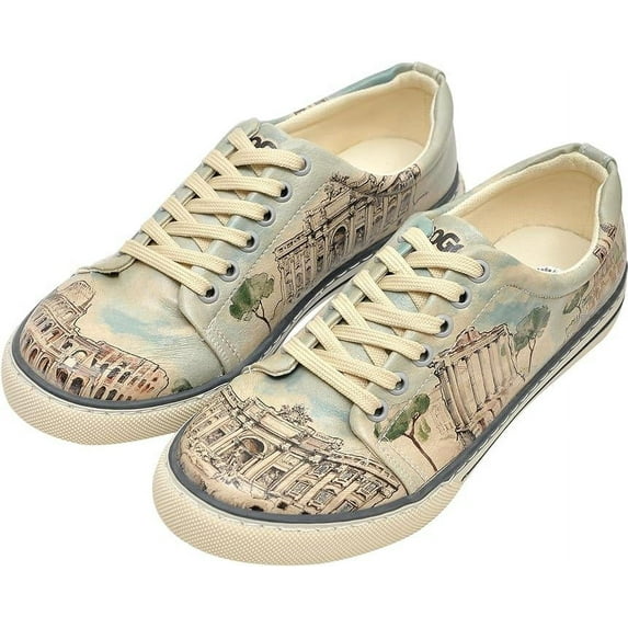 Dogo Vegan Leather Sneakers for Women - Handmade and Unique Fashion Sneakers for Women, All Roads Lead To Rome Design, Size 5