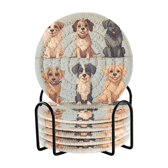 Dogs 6 Pcs Drink Coasters with Holder Absorbent Coasters Woven Coasters for Drinks Table Desk Protection Home Decor