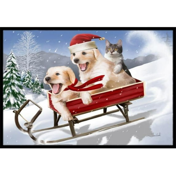 Dogs And Kitten In Sled Need For Speed Indoor & Outdoor Mat- 18 x 27 in.