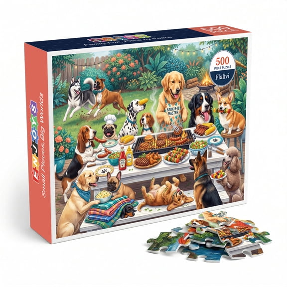 Dogs BBQ Party Jigsaw Puzzle for Adults 500 Pieces, Funny Backyard Barbecue Dog Breeds Illustration, Premium Thick Cardboard with Matte Finish, Perfect Gift for Dog Lovers